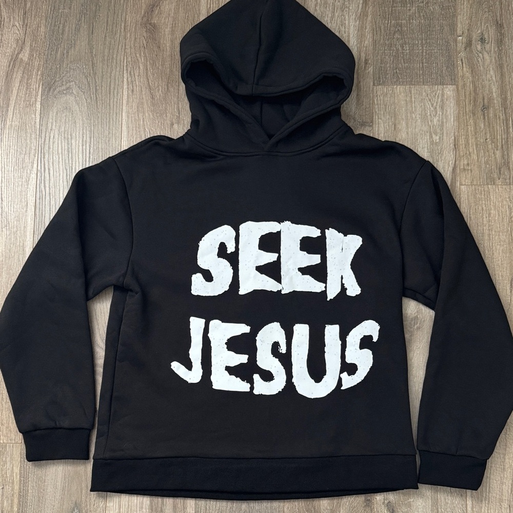 Men’s BRAND NEW Black Hoodie with 'Seek Jesus' Print Size L